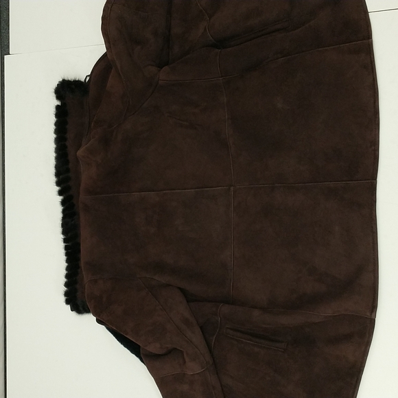 Authentic Shearling USA made Coat Long Jacket Dark Brown Suede Leather Fur Trim - Picture 11 of 16